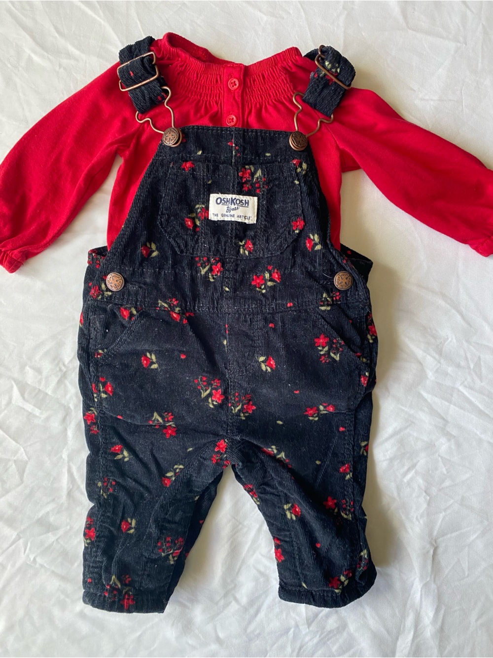 OshKosh B’gosh Floral Corduroy Overalls & Red Bodysuit Outfit | 3M